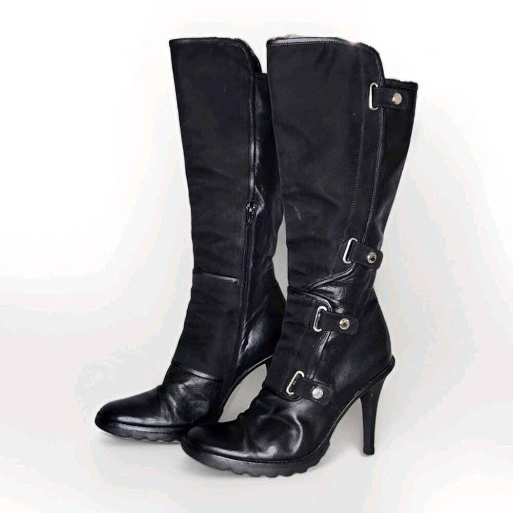 Casadei Vtg Y2K Black Leather Nylon High Heels Square toe Moto Boots Size 6.5